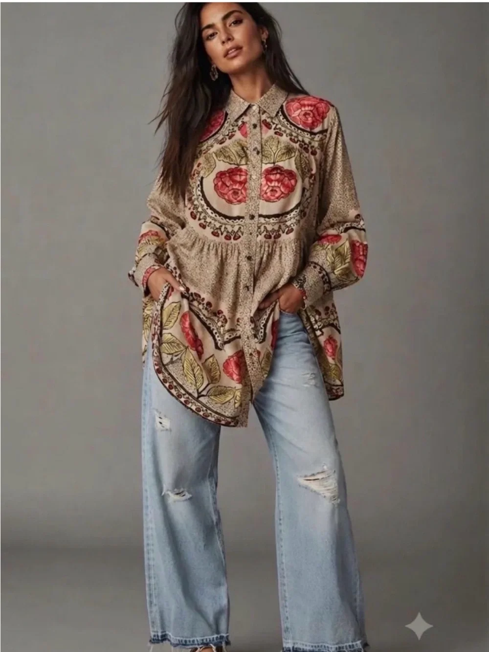 Free People Smell The Roses Mini Western Dress Snap Front in Tea Combo